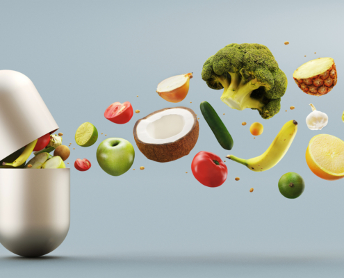 Vitamins pill, organic vegetables and fruit, illustration