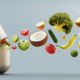 Vitamins pill, organic vegetables and fruit, illustration